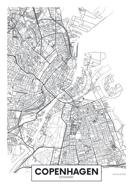 ilustraciones, imágenes clip art, dibujos animados e iconos de stock de mapa de la ciudad copenhague, diseño de cartel de vector de viaje - denmark map copenhagen cartography