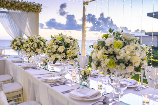 istock Table setting at a luxury wedding and Beautiful flowers on the table. 1154013319