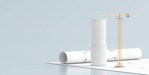 istock Building or architectural design concept on blueprints with tower crane. 3d illustration. 1154014972