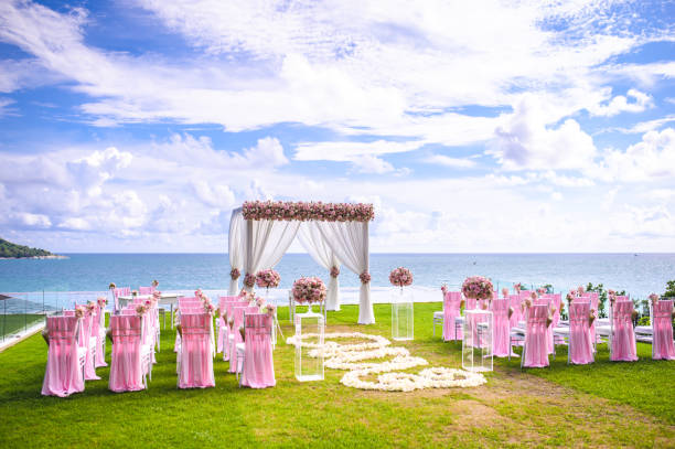 istock Romantic wedding ceremony on the lawn Sea view. 1154015066