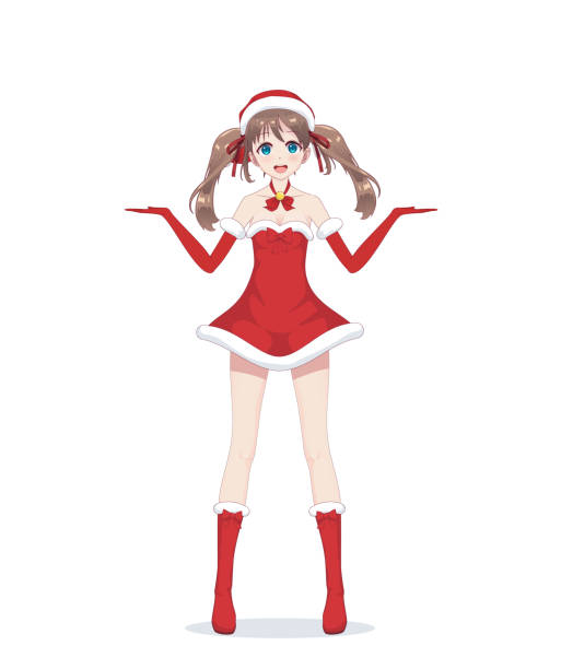 bildbanksillustrationer, clip art samt tecknat material och ikoner med anime manga flicka klädd i jul tomten kostym - tomtekvinna