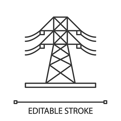 High voltage electric line linear vector icon. Powerline. Electric power pylon. Transmission tower. Editable stroke