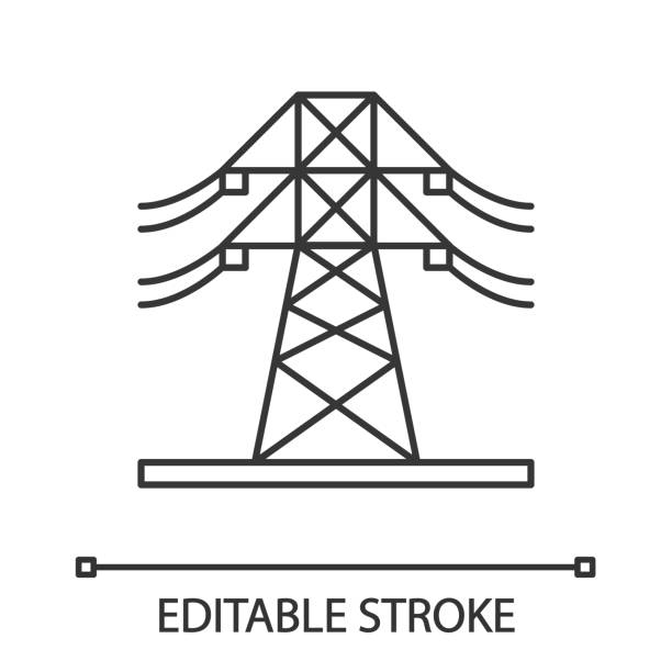High voltage electric line icon High voltage electric line linear vector icon. Powerline. Electric power pylon. Transmission tower. Editable stroke electrical tower illustration stock illustrations