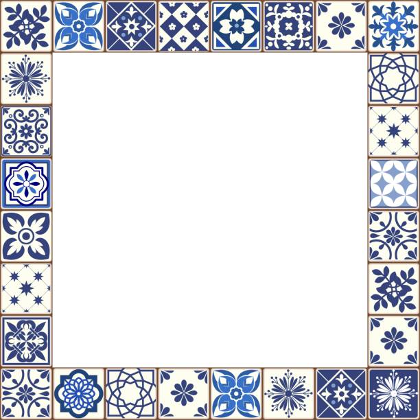 stockillustraties, clipart, cartoons en iconen met mooie azulejo tegels vector frame - spaanse cultuur
