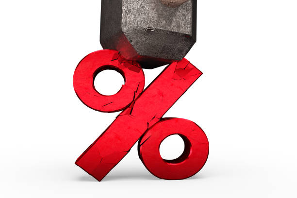 Sledgehammer smashing red percentage sign cracked, isolated on white background, 3D illustration.