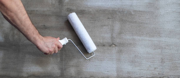 istock Background, gray plaster. Paint brushes, a man holds in his hand a paint roller against the background of a plastered wall. Panoramic photo and copy space 1154027192