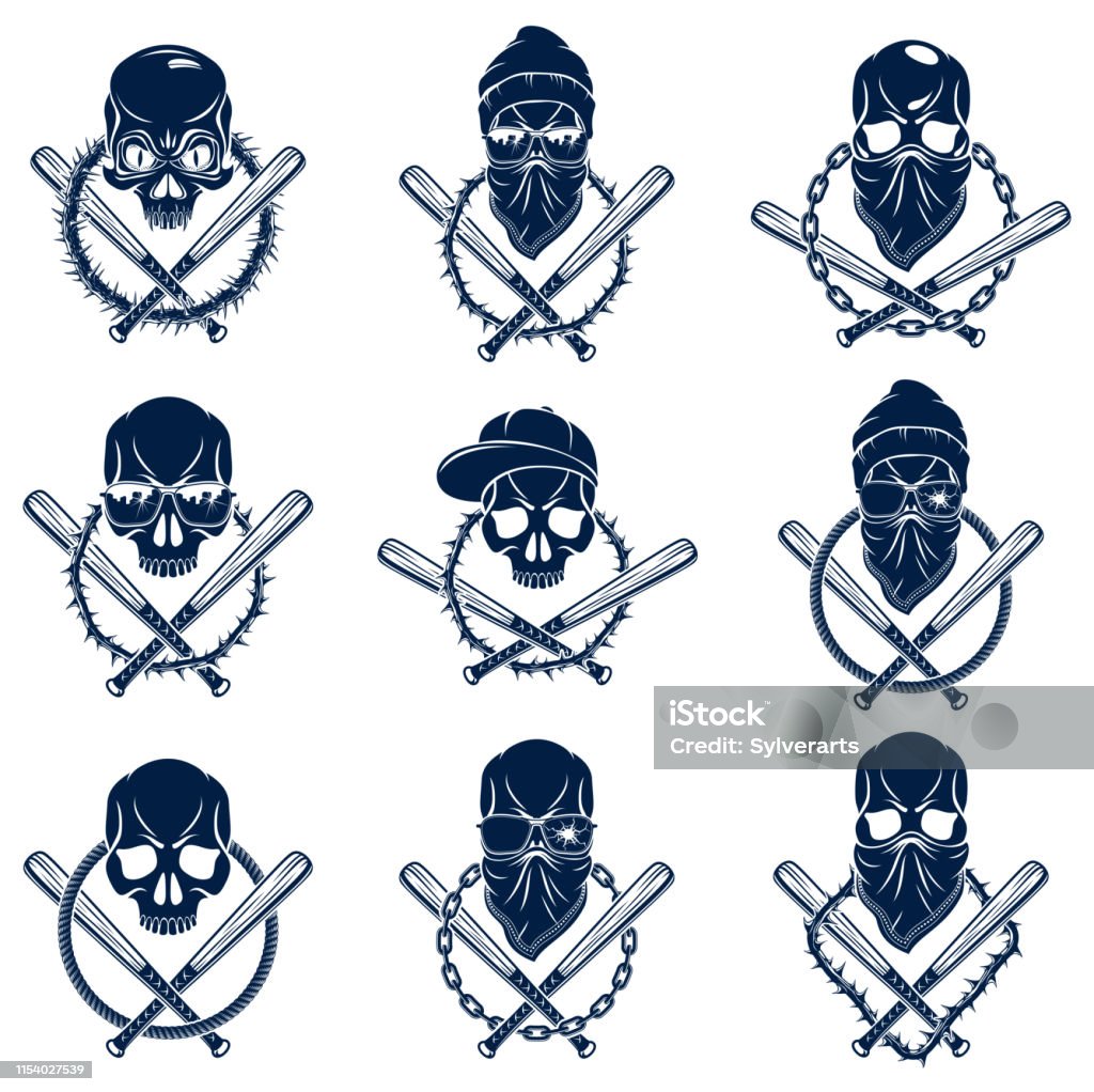 Gangster Emblem Or Tattoo With Aggressive Skull Baseball Bats And Other  Design Elements Vector Set Criminal Ghetto Vintage Style Gangster Anarchy  Or Mafia Theme Stock Illustration - Download Image Now - iStock