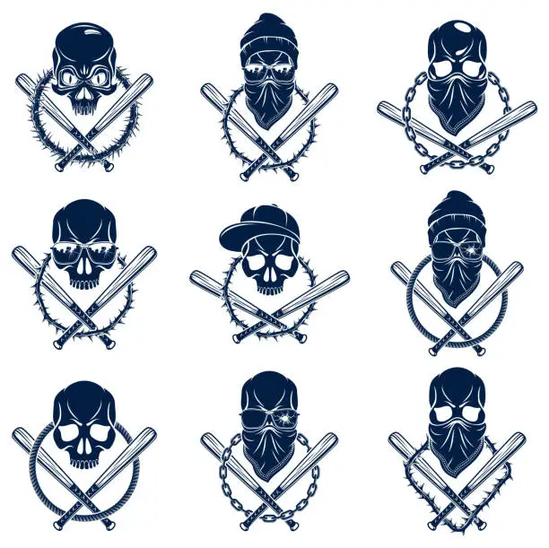 Vector illustration of Gangster emblem or tattoo with aggressive skull baseball bats and other design elements, vector set, criminal ghetto vintage style, gangster anarchy or mafia theme.