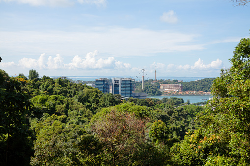 Sentosa Island and overhead cable car seen from Mount Faber. At coast are station of cable car and Esso Company buildings.