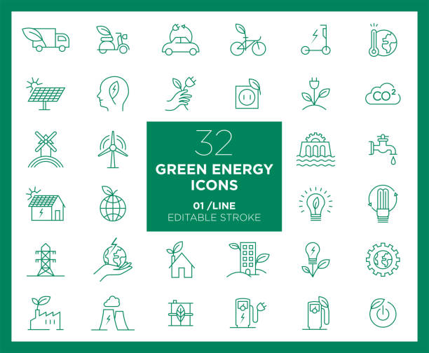 illustrazioni stock, clip art, cartoni animati e icone di tendenza di set di icone green energy in linea - renewable energy power line electricity fuel and power generation
