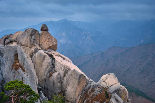 View of stone and rock formations from Ulsanbawi rock peak in stormy weather. Seoraksan National Park, South Corea
