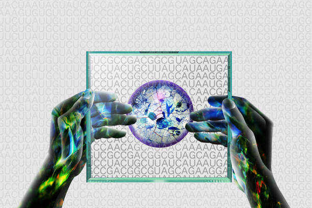 istock Cyborg hand, holding the computer tablet in both hands, and the base code of the mRNA. The cells of the organism are shown on the screen. 1154031788