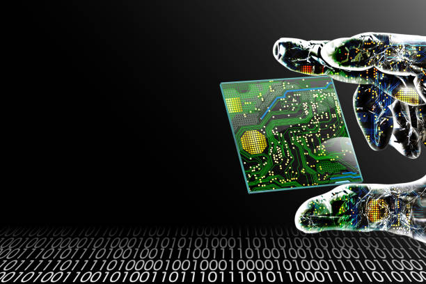 istock The cyborg's fingertips embedded with electronic circuitry grabbed the biochip. In the background, binary code is shown. 1154032001