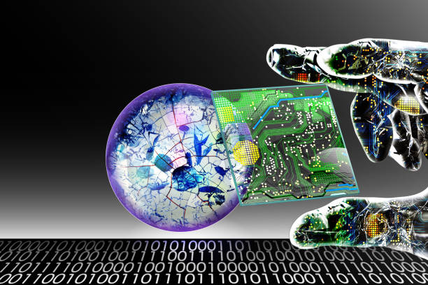 as pontas dos dedos do cyborg encaixadas com circuitos eletrônicos pegaram o biochip. no fundo, as células e as moléculas flutuam, o código binário é mostrado. - dna chip - fotografias e filmes do acervo