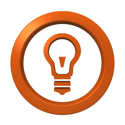 ideas sign light bulb icon research thinking contemplation symbol orange logo button 3d render graphic image isolated on white background
