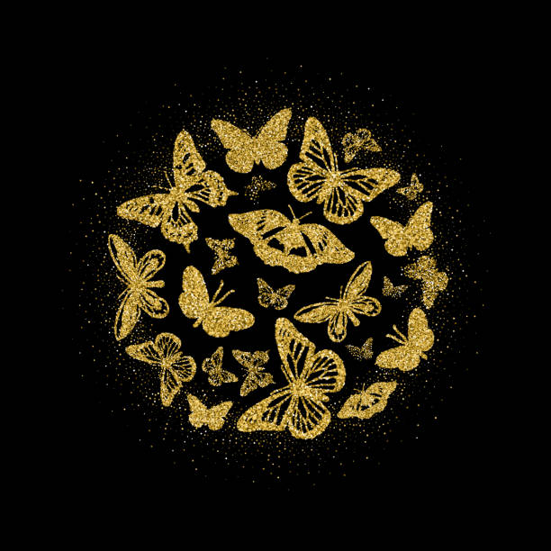 Round of golden glitter butterflies. Beautiful summer yellow gold silhouettes with glow on black background. For wedding invitation, fashion, decorative abstract design elements. Vector illustration. vector art illustration