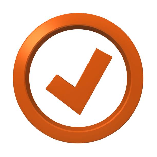 check mark sign tick icon tally ok symbol orange logo button 3d render graphic image isolated on white background