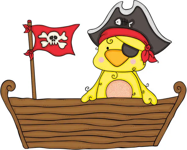 Vector illustration of Cute yellow bird pirata on wooden boat