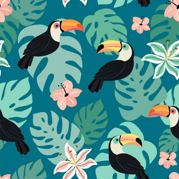 Vector illustration of Trendy pattern with toucan and tropical leaves. Vector seamless texture.