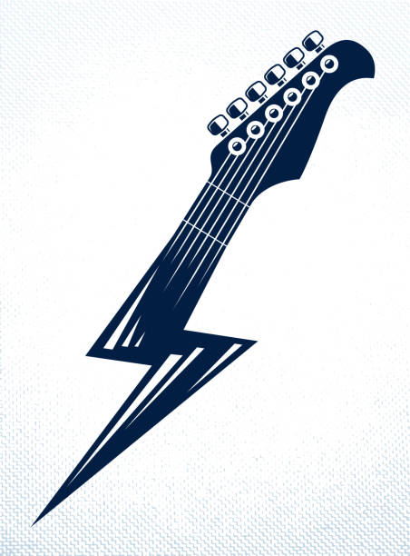 ilustrações de stock, clip art, desenhos animados e ícones de electric guitar headstock in a shape of lightning, hot rock music, hard rock or rock and roll concert or festival label, night club live show band performance, vector. - ballad