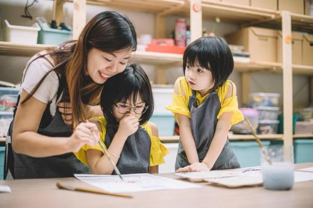 um professor de classe de arte feminina asiática chinesa ensinando seus alunos de classe de arte 2 no desenho em sua classe de arte - desenhar atividade - fotografias e filmes do acervo
