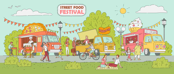 street food festival - ciężarówka z lodami, samochód sprzedawcy pizzy, stoisko z hot-dogami - ice cream truck stock illustrations