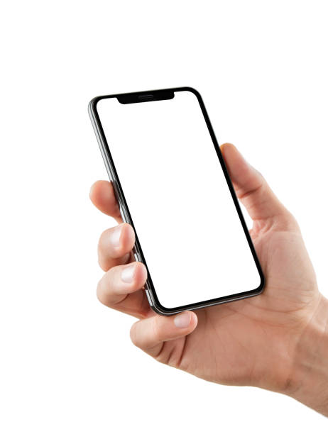 Hand with blank smart phone isolated on white stock photo