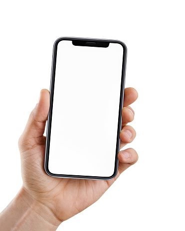 Mano con teléfono inteligente en blanco aislado en blanco photo