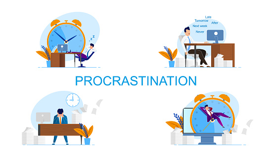 Illustration Inscription Set Procrastination. Man Feels Guilty because Deadlines. Vector Worker does not Convince Himself Urgency Performing Necessary Tasks Cartoon Flat. Man Sitting at Table.