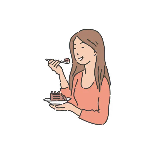 Vector illustration of Smiling woman is holding plate and eating cake sketch style