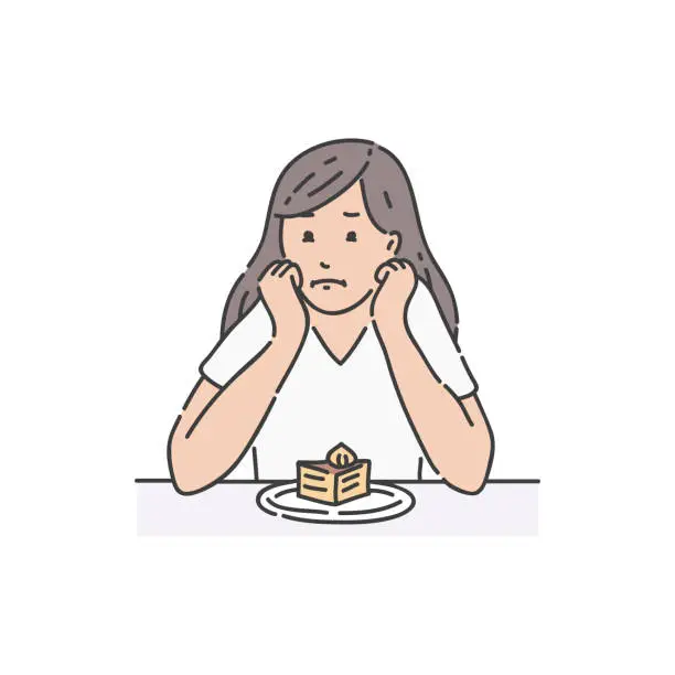Vector illustration of Sad female sitting at table propping head and looking at cake cartoon style