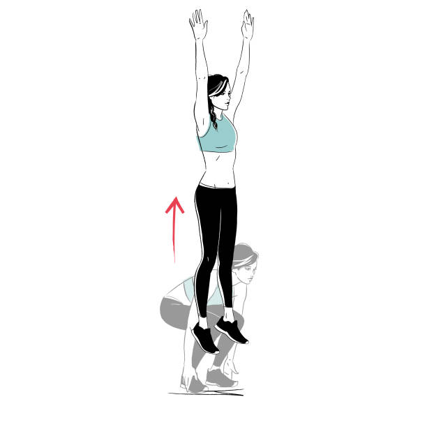 workout - squat jumps squat thrust exercise young woman doing exercise - part of series jumping jacks stock illustrations