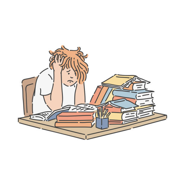 Stressed school student sitting at table with pile of books and studying. Stressed school student sitting at table with pile of books and studying in hand drawn style isolated on white background - vector illustration of boy learning holding head in arms. no more homework stock illustrations