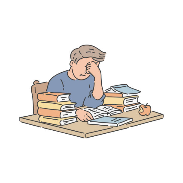 Stressed student sitting at table with pile of books and studying in hand drawn style. Stressed student sitting at table with pile of books and studying in hand drawn style isolated on white background. Vector illustration of boy learning or preparing for exams. no more homework stock illustrations