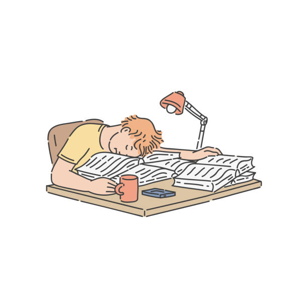 усталый мальчик-студент, засыпая на куче книг и бумаг на столе во время чтения и учебы. - homework headache studying learning stock illustrations