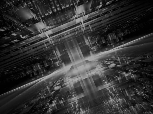 Monochrome futuristic background - mystic portal, space station or unusual datacenter. Computer generated abstract 3d illustration - fractal. Sci fi or vr concept. For desktop wallpaper or web design.