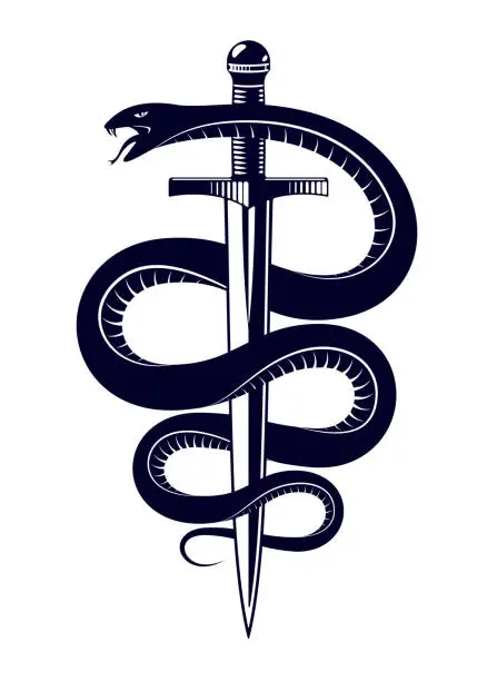 Vector illustration of Snake and Dagger, Serpent wraps around a sword vector vintage tattoo, Roman god Mercury, luck and trickery, allegorical logo or emblem of ancient symbol.