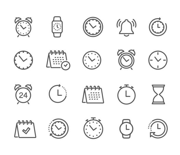 illustrazioni stock, clip art, cartoni animati e icone di tendenza di icone di ora e orologio, calendario, linea timer. set di icone lineari vettoriali - vettore stock. - giorno immagine