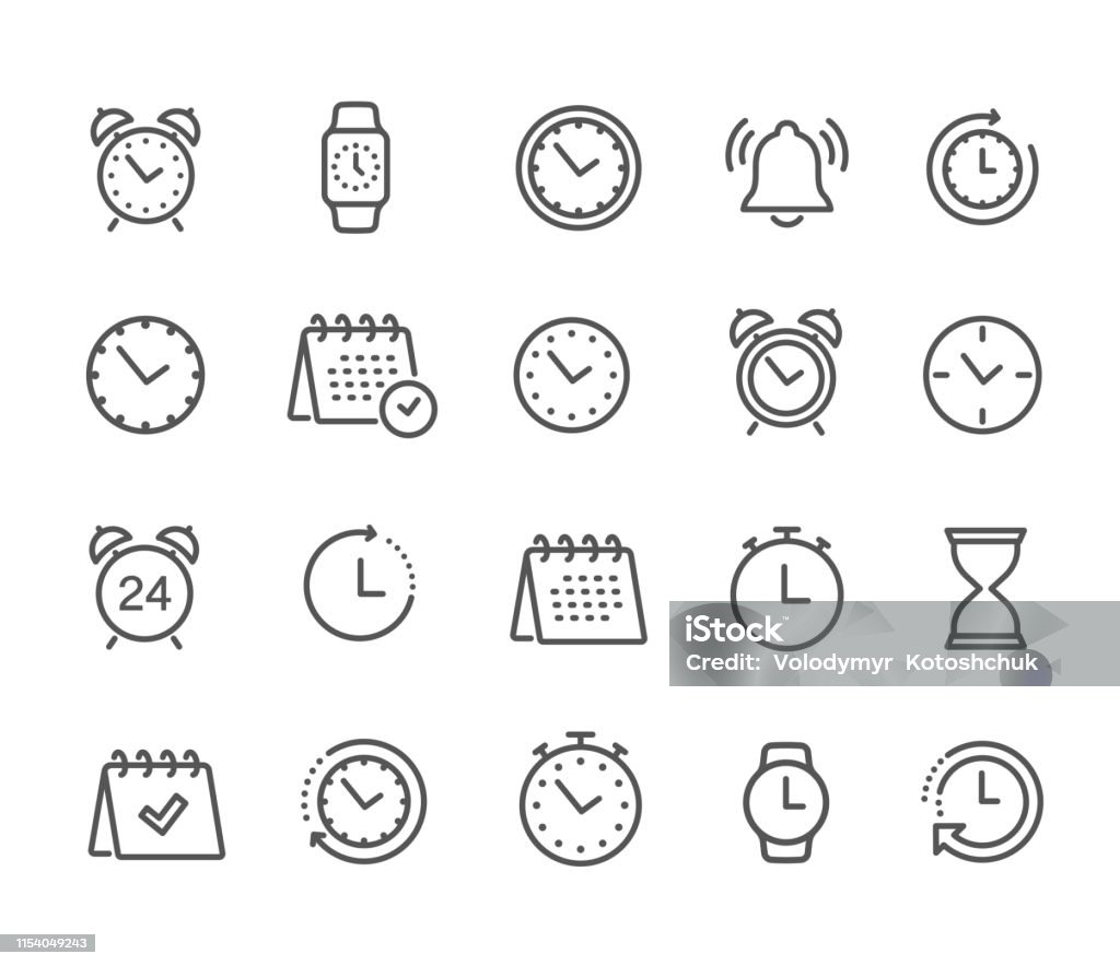 Czas i zegar, kalendarz, ikony linii czasomierza. Liniowy zestaw ikon wektorowych - wektor zapasowy. - Grafika wektorowa royalty-free (Ikona)