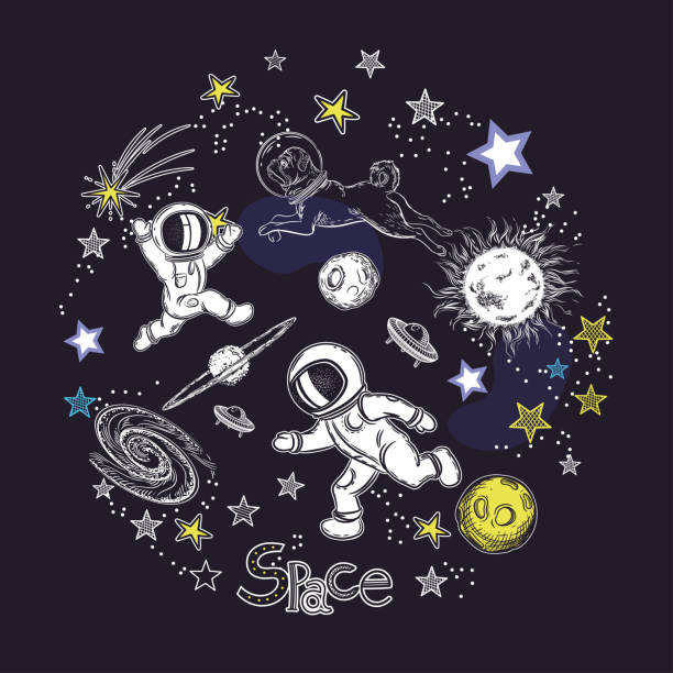 istock Square card template with the image of cosmic elements. Space objects. Astronauts play football 1154050127