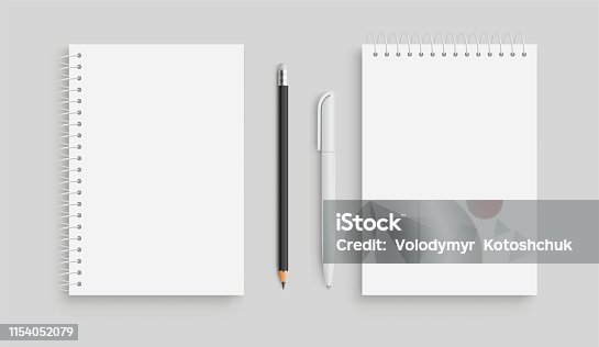 istock Realistic vector notebook and white pancil, pen. Front view. - stock vector. 1154052079