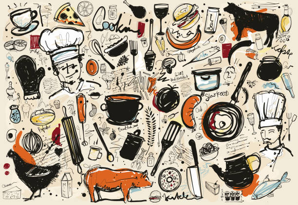 Sketchy food doodle Hand drawn vectorimage. Sketchy food doodles on brown background. 
Reduced to one layer. chef backgrounds stock illustrations