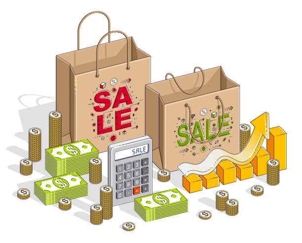 Big Sale concept, Retail, Sellout, Shopping Bag with cash money stacks and calculator isolated on white background. Vector 3d isometric business and finance illustration, thin line design. Big Sale concept, Retail, Sellout, Shopping Bag with cash money stacks and calculator isolated on white background. Vector 3d isometric business and finance illustration, thin line design. off balance stock illustrations