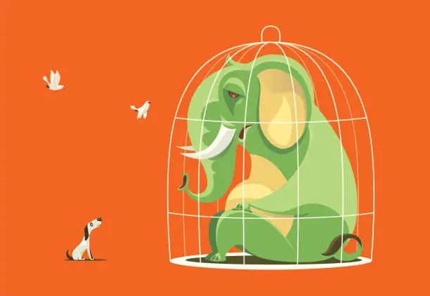 Vector illustration of caged elephant communicating with pigeon and dog