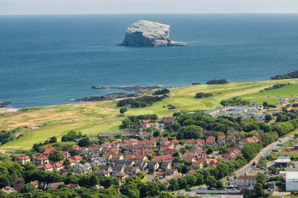 view on bass rock island and north berwick. scotland - bass imagens e fotografias de stock