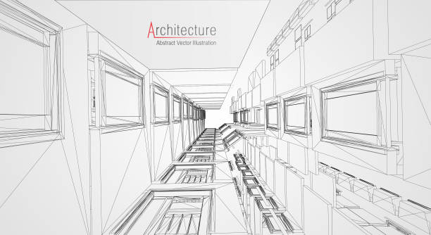 Modern architecture wireframe. Concept of urban wireframe. Wireframe building illustration of architecture CAD drawing. Modern architecture wireframe. Concept of urban wireframe. Wireframe building illustration of architecture CAD ariel west bank stock illustrations