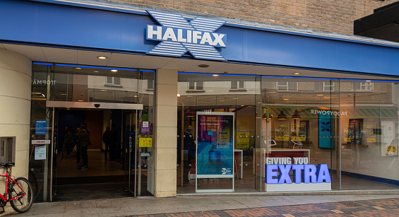 Swindon, United Kingdom - May 04 2019:   The frontage of Halifax Bank branch on Regent St