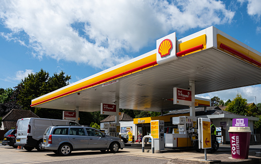 Fairfax, Virginia, USA - May 17, 2022: Fuel prices are displayed on the Main Street Shell Station sign in the City of Fairfax as prices continue to rise.