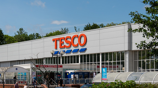 Newbury, United Kingdom - May 27 2019:   The entrance to Tesco superstore on London Road