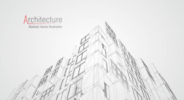 Modern architecture wireframe. Concept of urban wireframe. Wireframe building illustration of architecture CAD drawing. Modern architecture wireframe. Concept of urban wireframe. Wireframe building illustration of architecture CAD ariel west bank stock illustrations